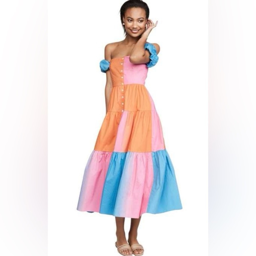 NWT $348 STAUD Elio Multicolor Tiered Off-Shoulder Cotton Maxi Dress 10